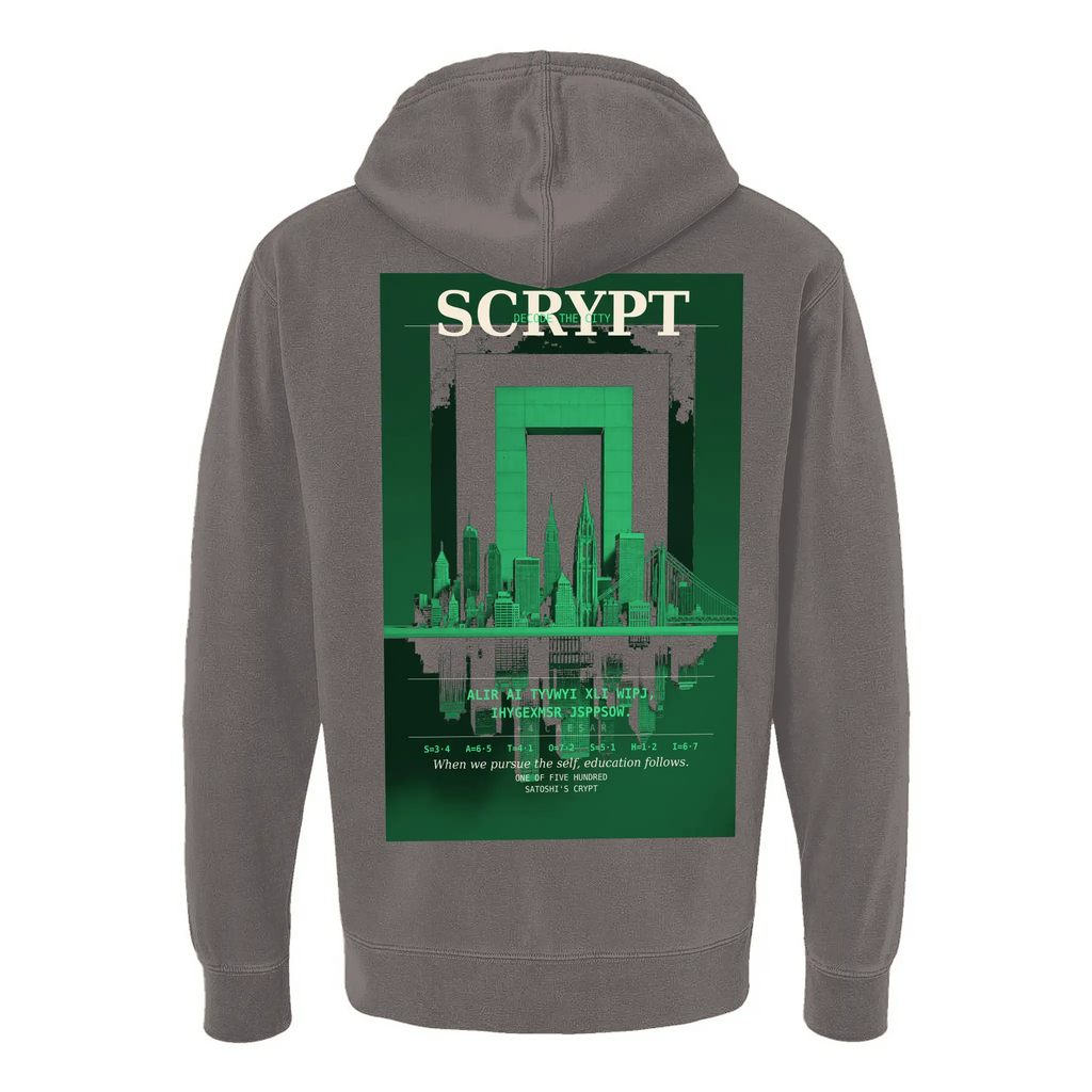 Decode the City Cipher Hoodie — Back view, full SCRYPT Decode the City print
