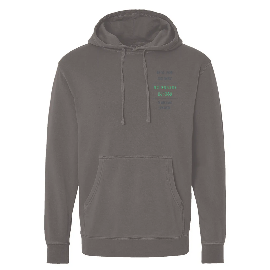 Decode the City Cipher Hoodie — Front view, cipher number sequences on chest