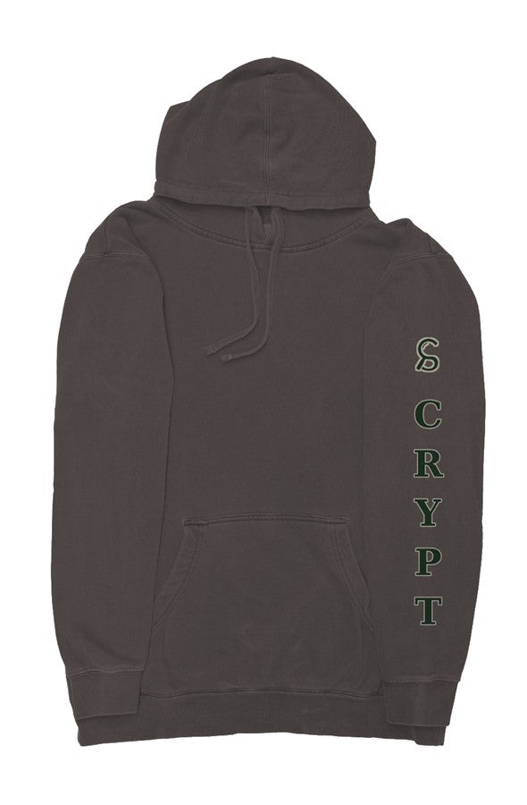 Decode the City Cipher Hoodie — Sleeve detail, vertical SCRYPT text