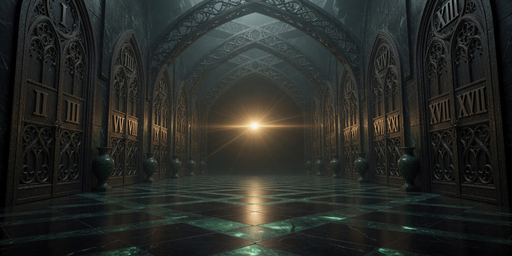 The Hall of Doors — panoramic view, amber light and emerald gems