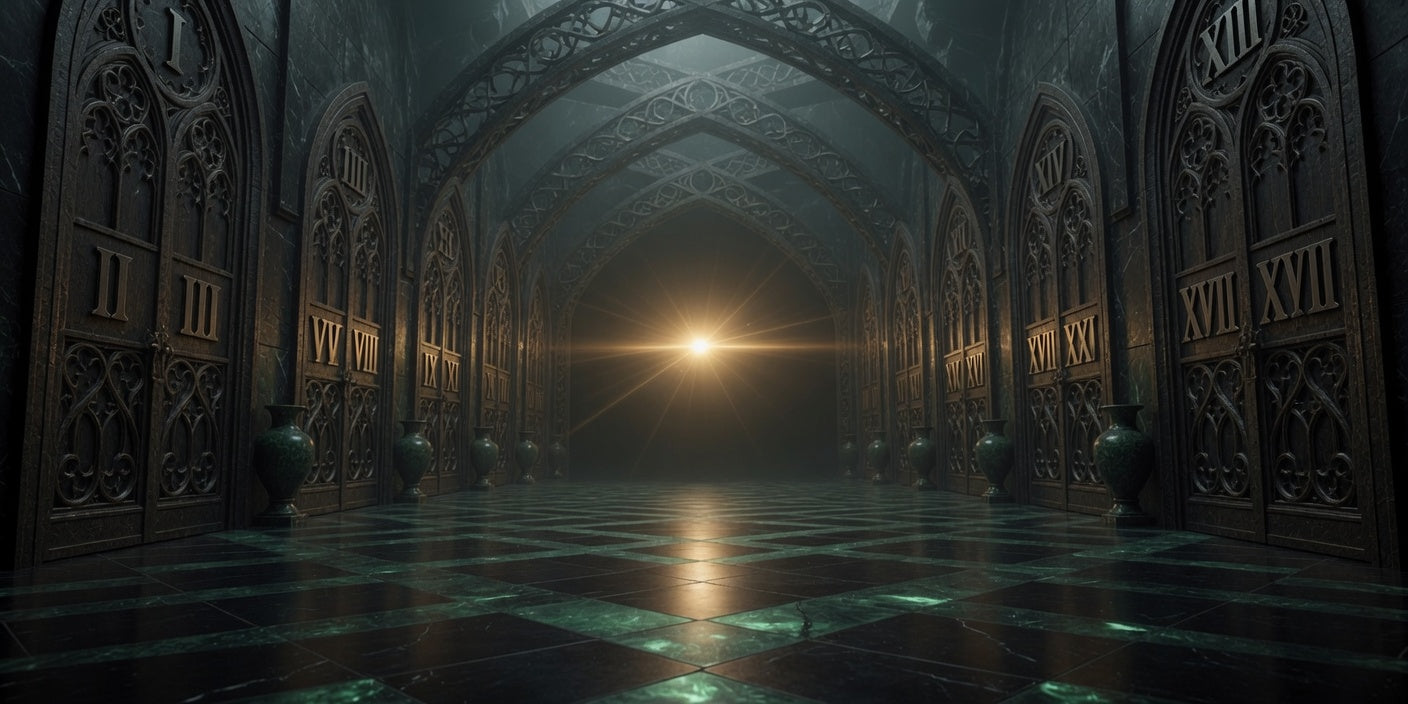 The Hall of Doors — panoramic view, amber light and emerald gems