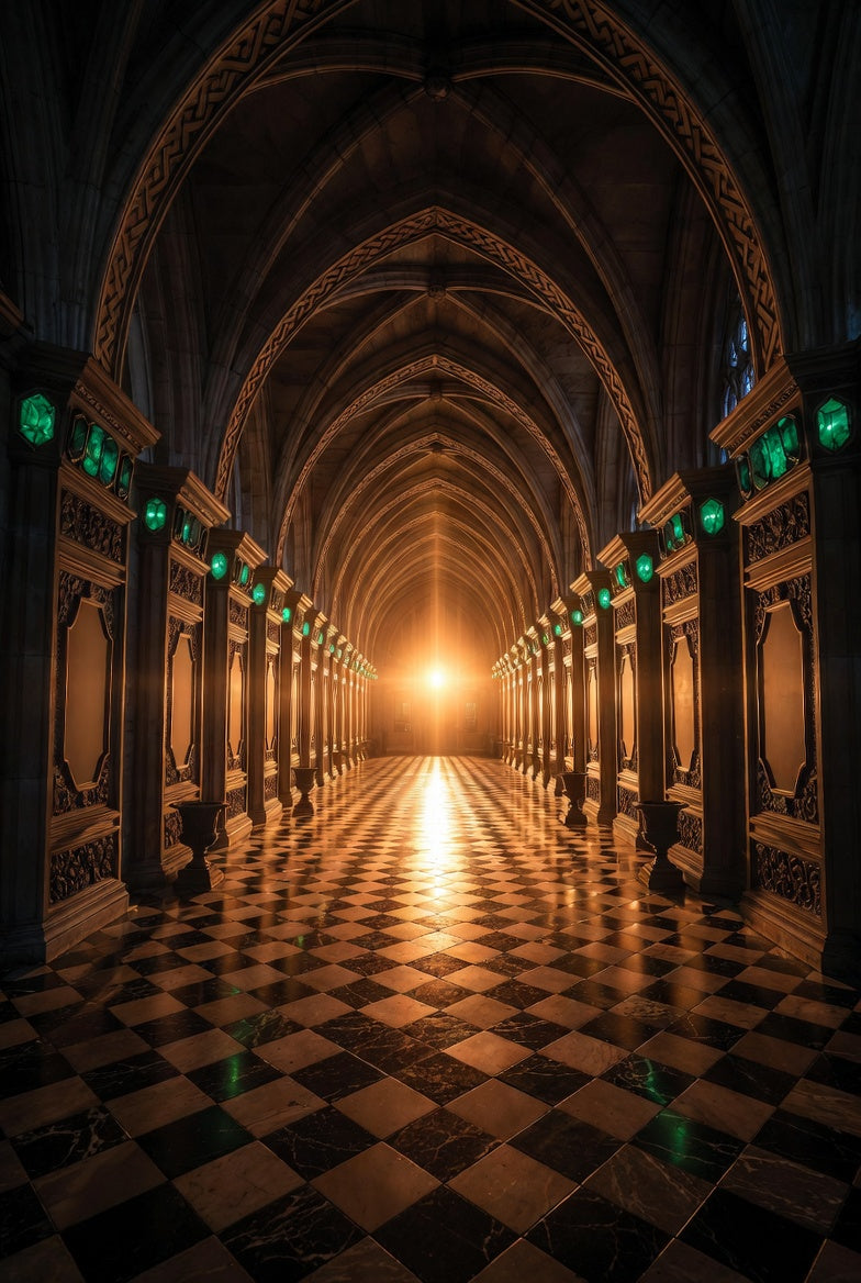 The Hall of Doors — limited edition print, gothic oracle corridor with Roman numeral doors