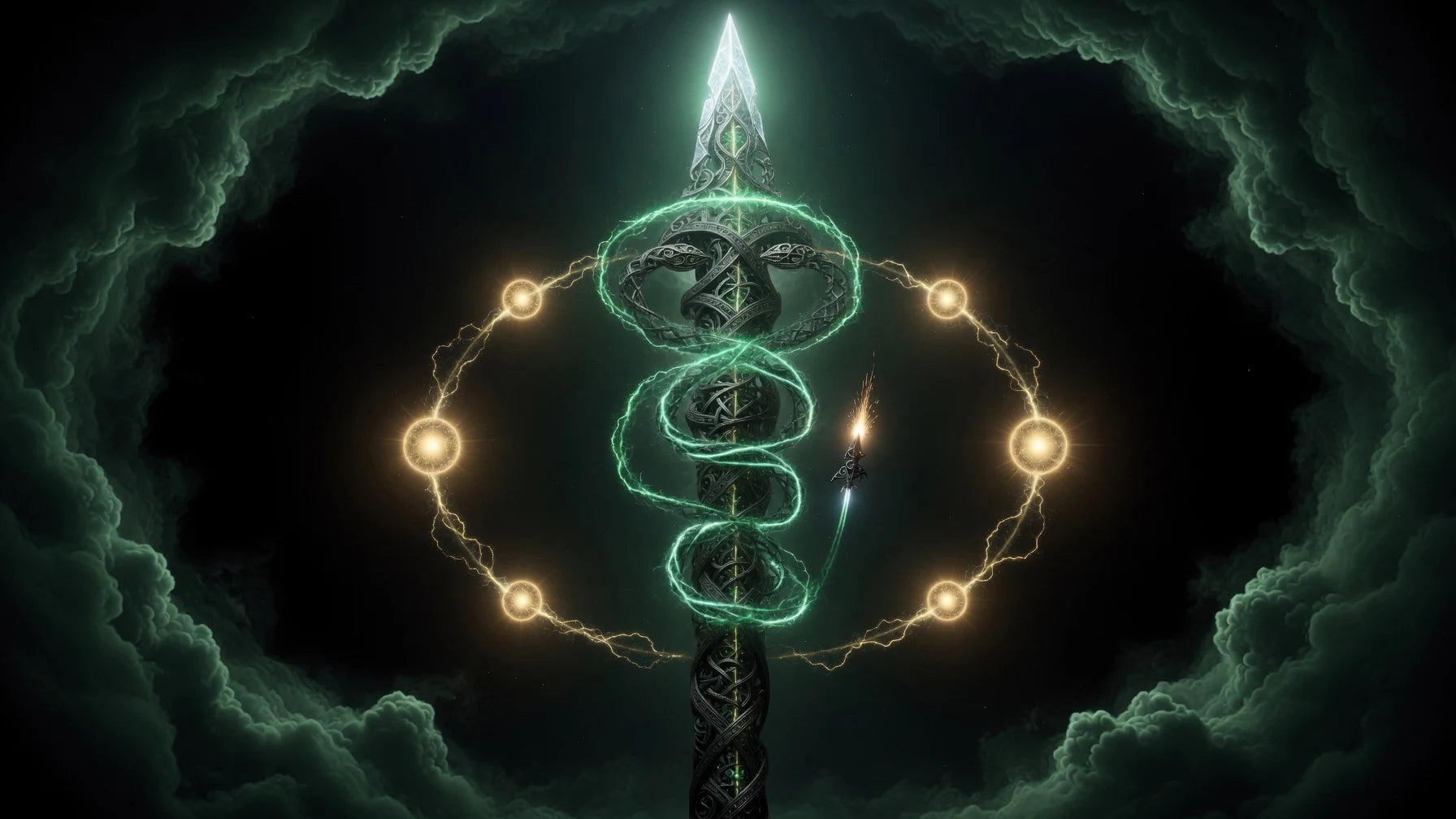 The Almach — a spear in flight, ringed by golden nodes, threaded with Scrypt-green energy
