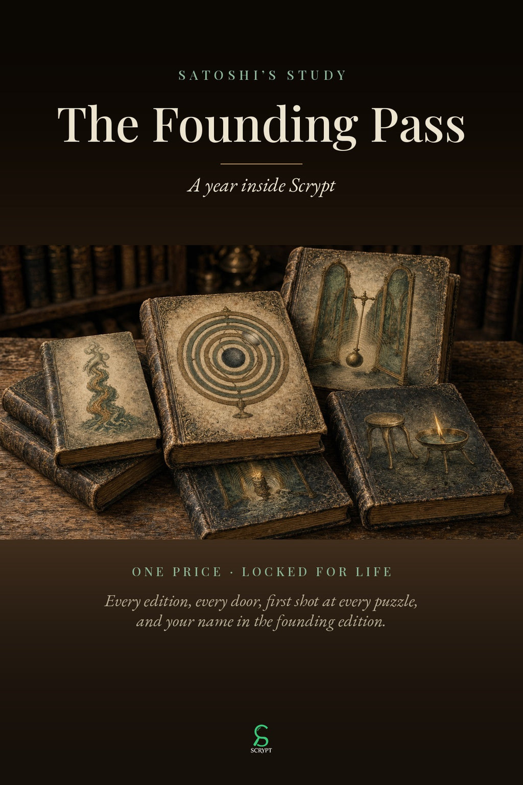 The Founding Pass: the five Satoshi's Study editions on a library desk