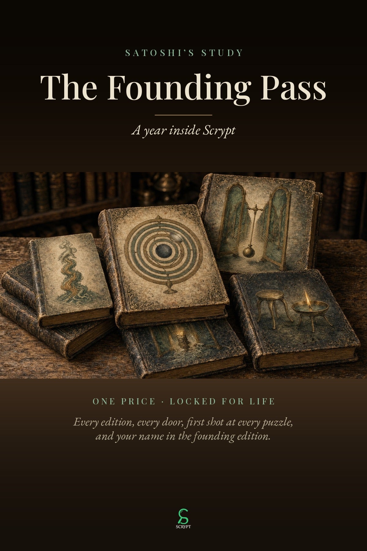 The Founding Pass: the five Satoshi's Study editions on a library desk
