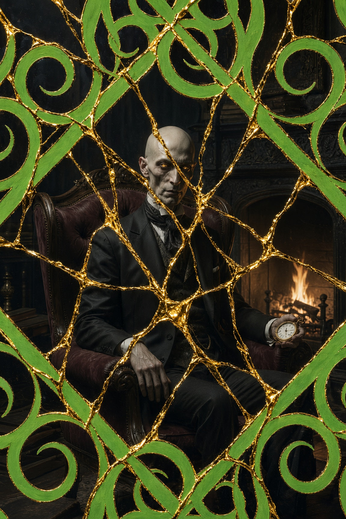 Satoshi's Study: the reader in the chair, behind gold-mended glass
