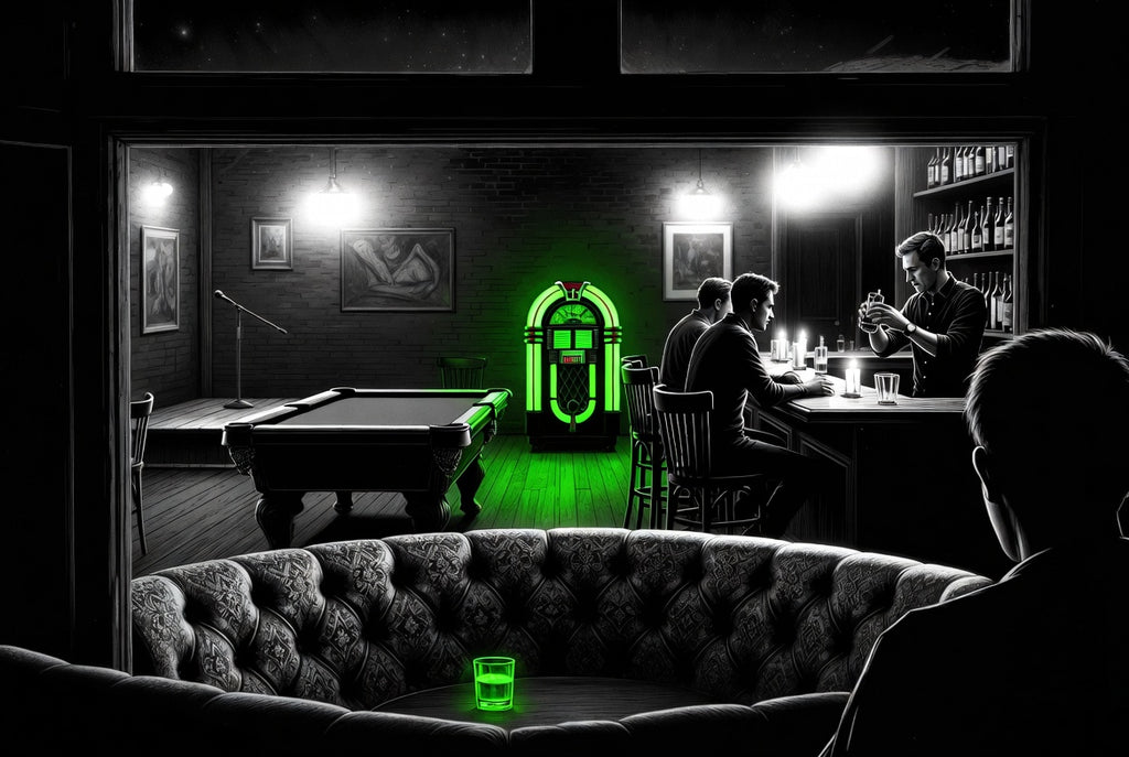 The Verdant Banjo — limited edition print, noir bar with selective green neon